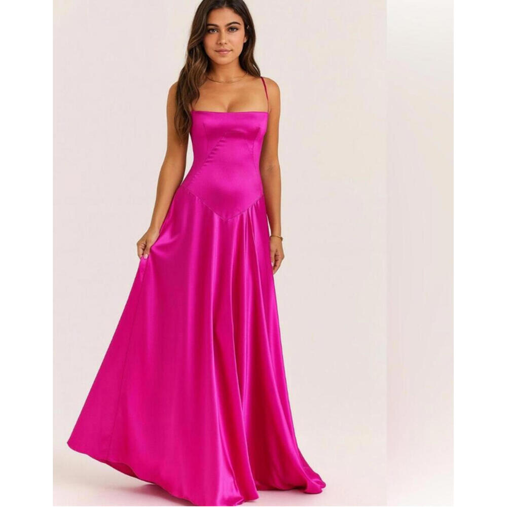 House of CB 'Anabella' Elegant Fuchsia Lace Up Satin Evening Dress/ Size L Plus